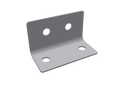Metal corner bracket with two holes on upright and base. 