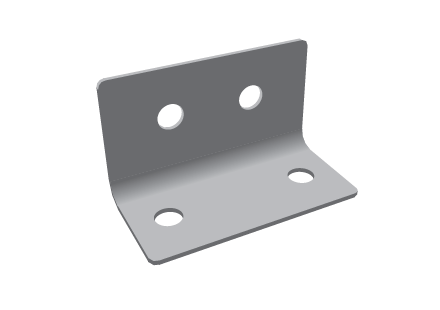 Metal corner bracket with two holes on upright and base. 